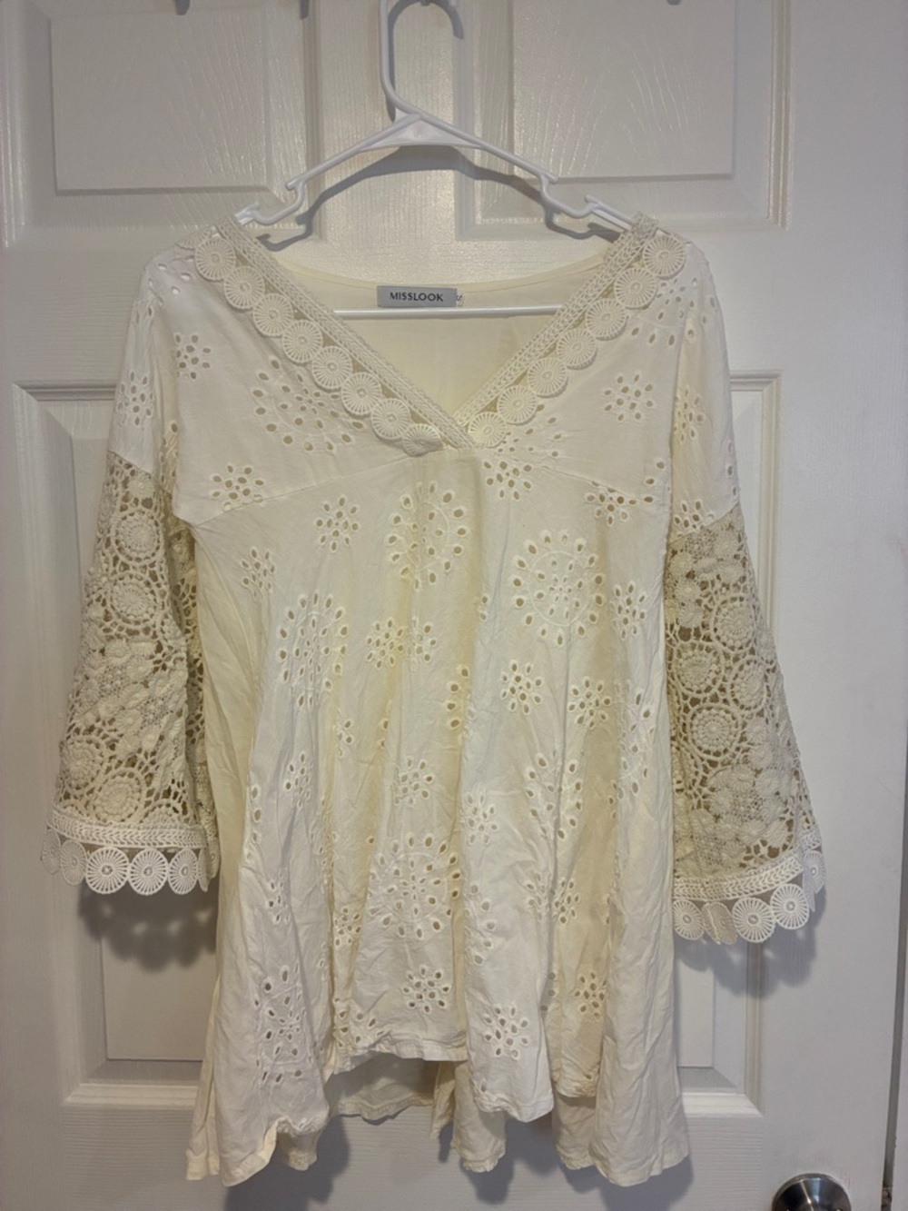 Misslook Sheer White Eyelet Lace V-Neck with Bell Sleeves